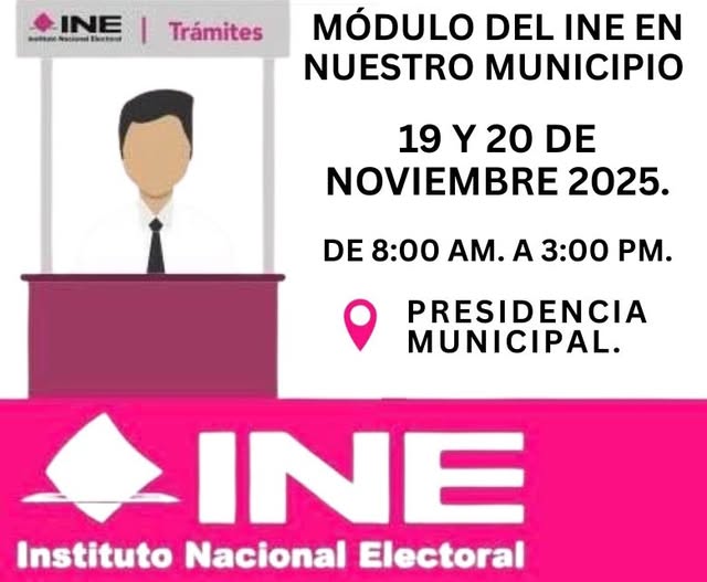 Áporo, Mich.
El módulo del INE estará en el municipio, este 19 y 20 de noviembre en la Presidencia Municipal de 8:00 am a 3:00 pm.