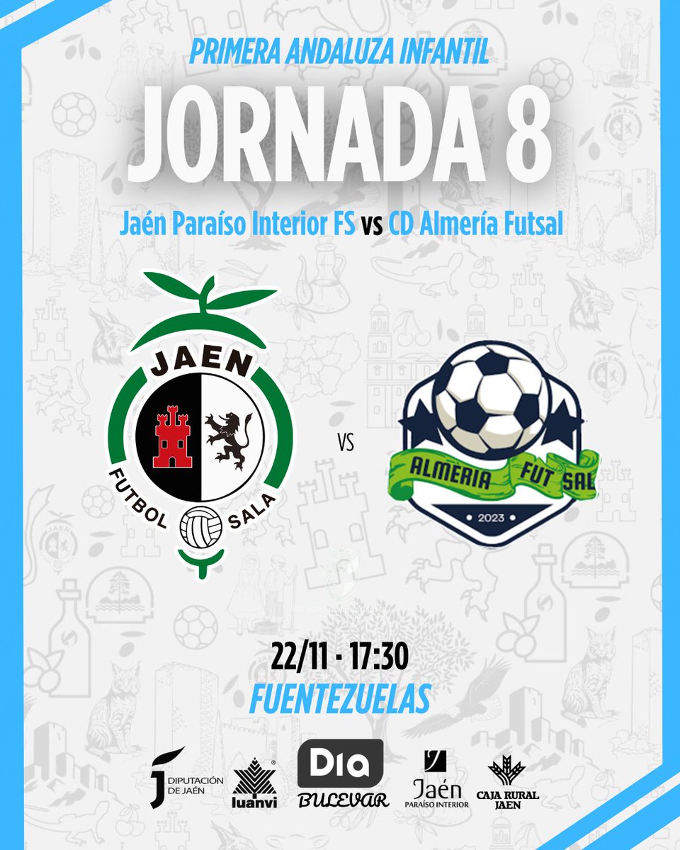 🟡 INFANTIL AUTONÓMICO

✅ 𝗛𝗢𝗥𝗔𝗥𝗜𝗢 𝗢𝗙𝗜𝗖𝗜𝗔𝗟 - 𝗝𝗢𝗥𝗡𝗔𝗗𝗔 𝟴

▶️ Duelo en la zona media de la tabla para el DIA Bulevar <a href="/JaenFS/">Jaén Paraíso Interior FS</a> 

⚽️ 22/11 • 17:30 🆚 CD Almería Futsal
🏟️ Fuentezuelas

🎟️ Entrada gratuita

#SomosJaén💛 #FuturoAmarillo