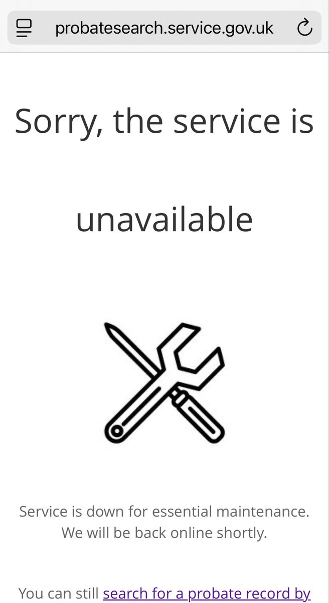 fletcherzr01's tweet photo. Hey @Gov why is the wills and probate service STILL unavailable? It’s been the same lame post for five days now. ‘Essential maintenance’ with no indication of when it’ll be back online… https://t.co/S3J6KVyGKZ