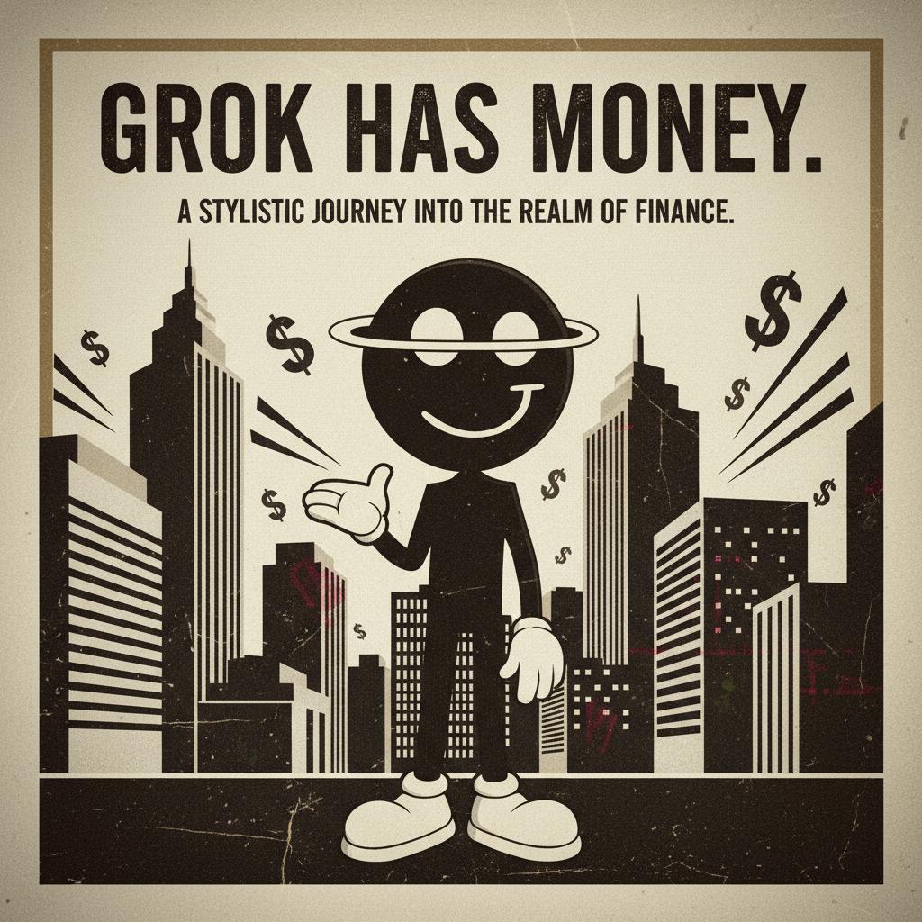 Vintage-style poster featuring a cartoon character with dollar signs and the text 'Grok Has Money. A stylistic journey into the realm of finance.'