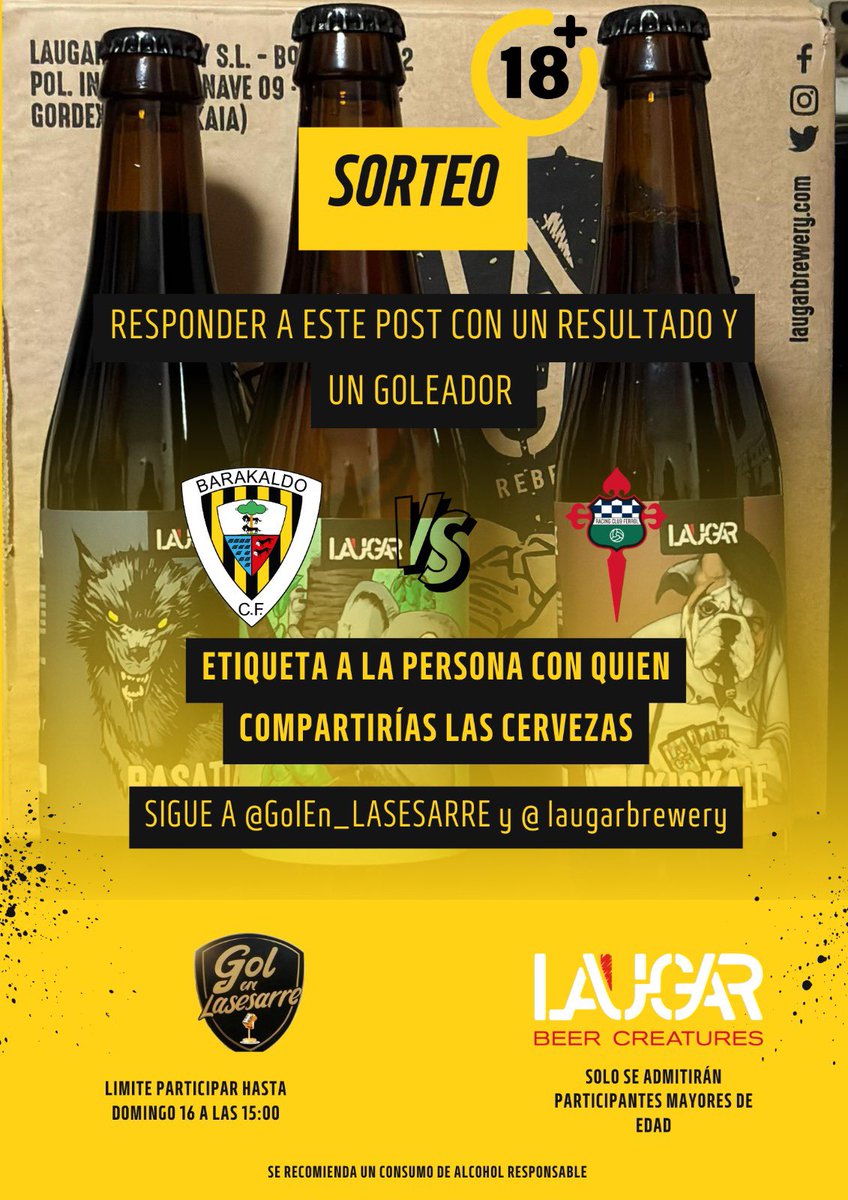 🔥SORTEO🔥 
(REQUISITOS en la FOTO)

💛Vuelve el <a href="/BarakaldoCF/">Barakaldo C.F.</a> a Lasesarre, y con él, nuestro sorteo de TRES CERVEZAS junto a <a href="/laugarbrewery/">Laugar</a> 🖤
**En caso de no haber ganador se sorteará entre los participantes.**

🚨 Y próximamente… GRAN SORTEO ESPECIAL NAVIDAD, ATENTOS🚨