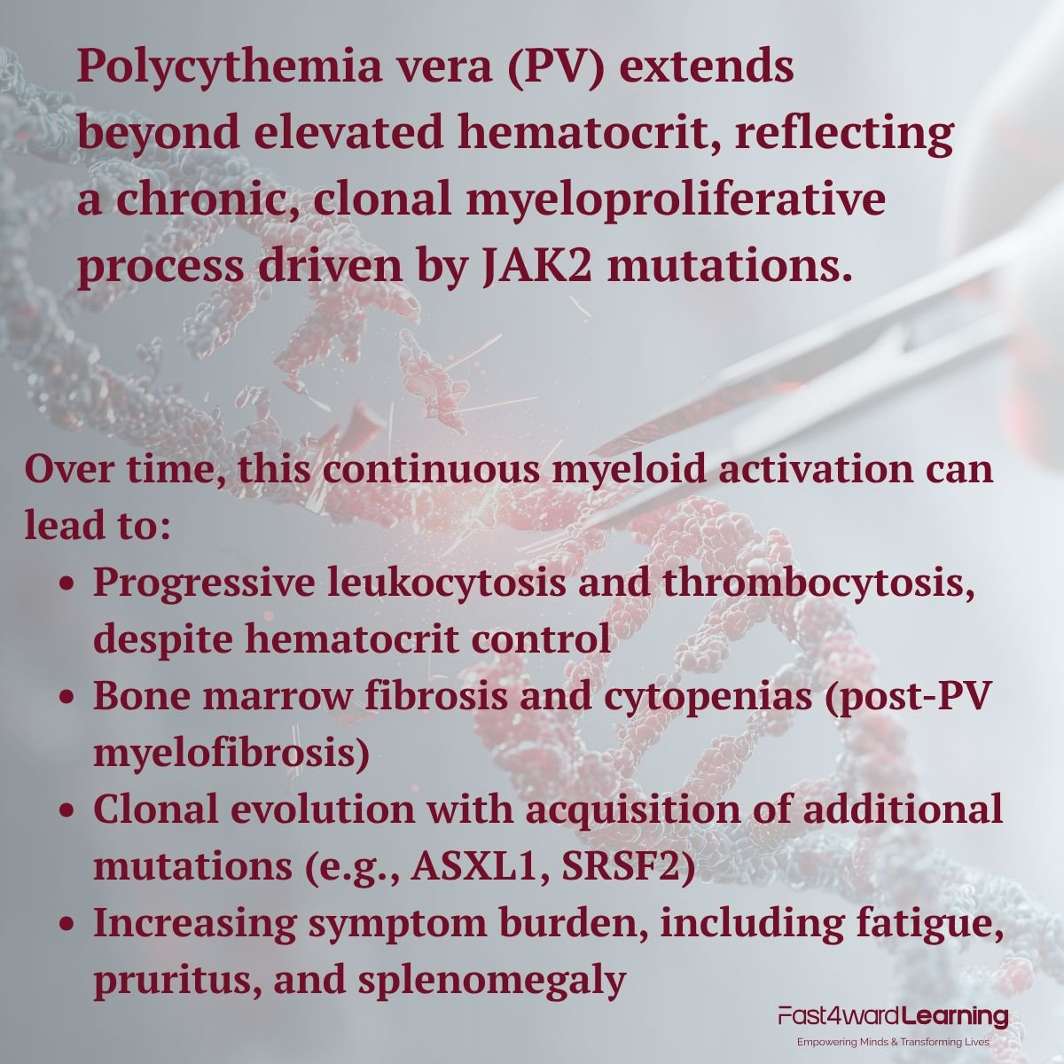 Fast4wardLearn's tweet image. PV Disease Evolution:
Tracking WBC trends, molecular burden, and symptoms is crucial to identifying loss of disease control.
🩸What indicators do you find most predictive of progression, and when do you reassess the need for cytoreduction or JAK inhibition?
#PolycythemiaVera #MPN…