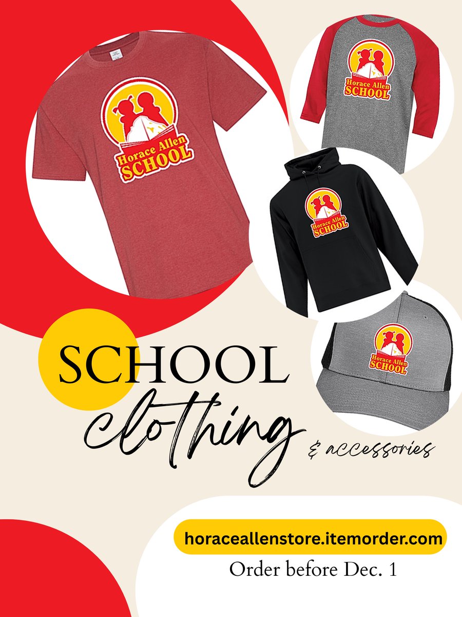 We’re excited to share that our school apparel and accessories shop is now open! Show your school spirit and support our school, with a portion of each order going directly back to programs and resources at HAS.

Deadline - December 1
horaceallenstore.itemorder.com

Thank you!