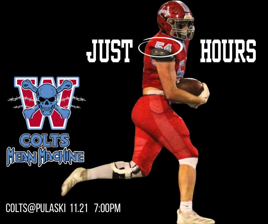 WJCOLTSFootball's tweet photo. Colt Nation, we are just one @kash_thompson4 away from kickoff (that’s 54 hours btw)in our Regional Championship against Pulaski County. With a trip to the Final Four on the line, this is going to be a battle like no other. #FORTHECOUNTY #MEANMACHINE https://t.co/ZTlfsi8h1J