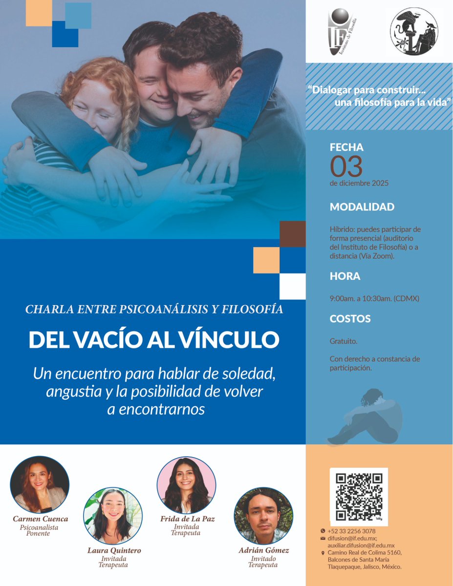 "Charla entre psicoanálisis y filosofía"

Te invitamos a participar en la modalidad que prefieras:
Presencial: en el auditorio del Instituto de Filosofía
Vía Zoom -inscríbete a través del link: forms.gle/nPWK7mpYoP3PwH…