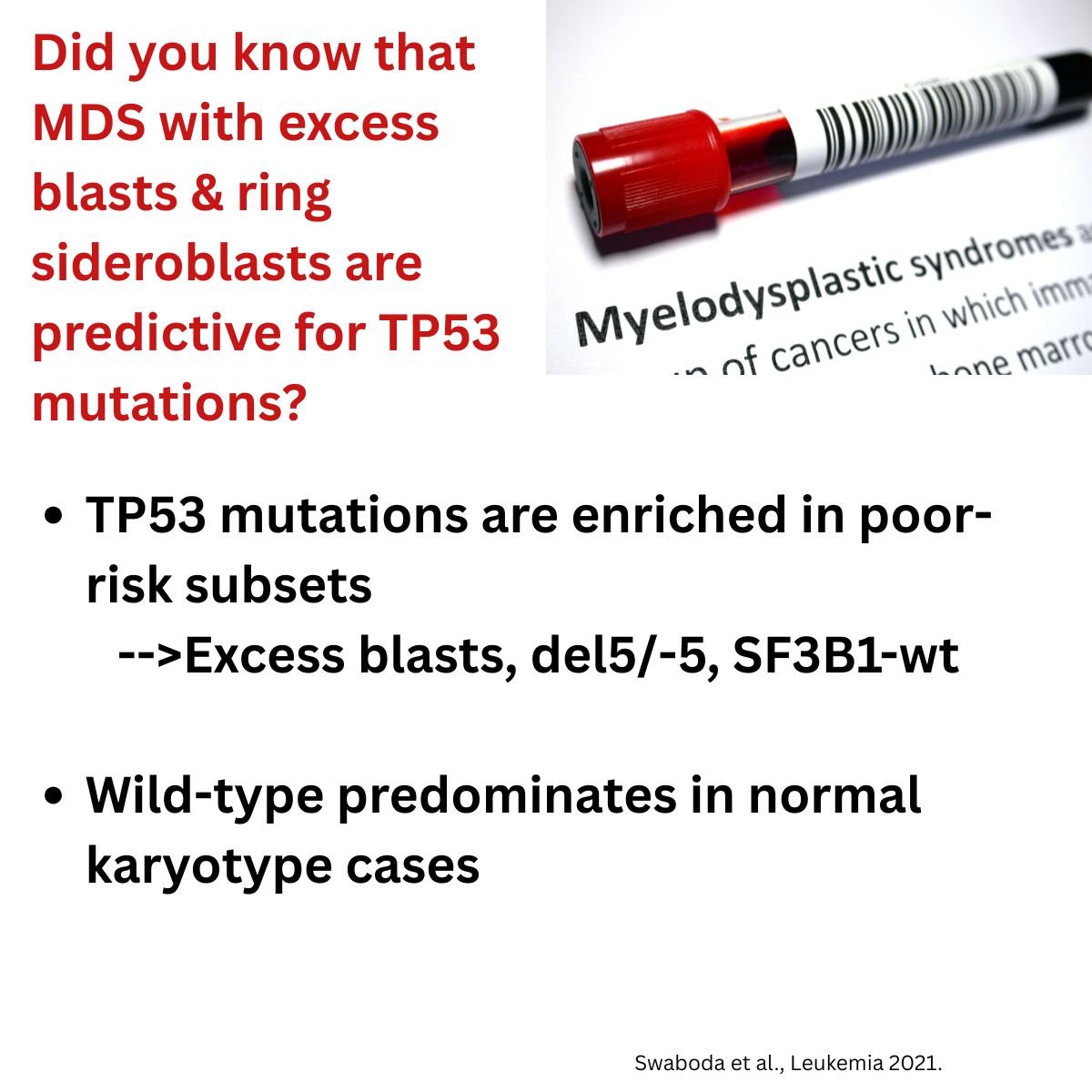 Fast4wardLearn's tweet image. Certain MDS subtypes may signal higher TP53 mutation risk.
📌 TP53 mutations are more common in MDS with excess blasts and ring sideroblasts—especially poor-risk profiles (eg, del(5q)/−5q, SF3B1–wild type).
🔍 TP53 wild-type is more frequent in normal karyotype MDS.
Has this…