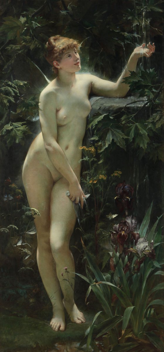 BellasArtesAR's tweet image. #LaObraDelDía➜ #Mitología “Psiquis en la fuente” es una tela realizada por el francés Alexis Joshep Mazerolle en 1887. La figura protagonista es una joven con alas de mariposa, la menor y más bella de las tres hijas del rey de Anatolia, que representa el alma humana y el amor.