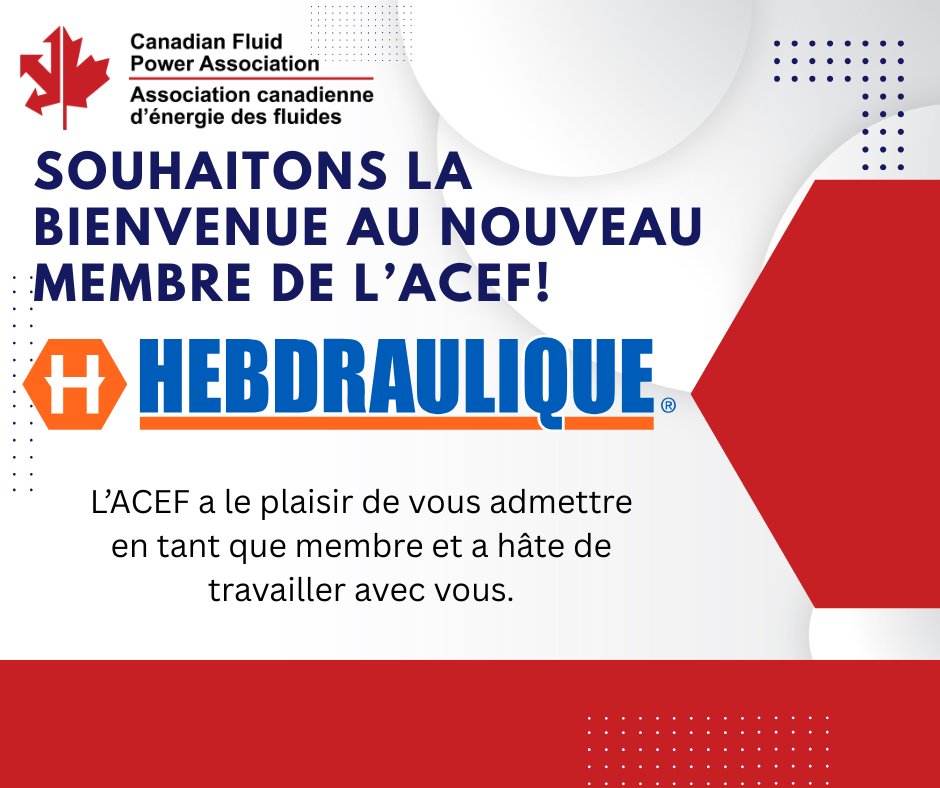 CANADIANFPA's tweet photo. Nous vous invitons à accueillir chaleureusement le nouveau membre de l’ACEF, Hebdraulique.
#ACEF #EnergieDesFluides #canada #hebdraulique #quebec #membre https://t.co/SubqHdV6QI