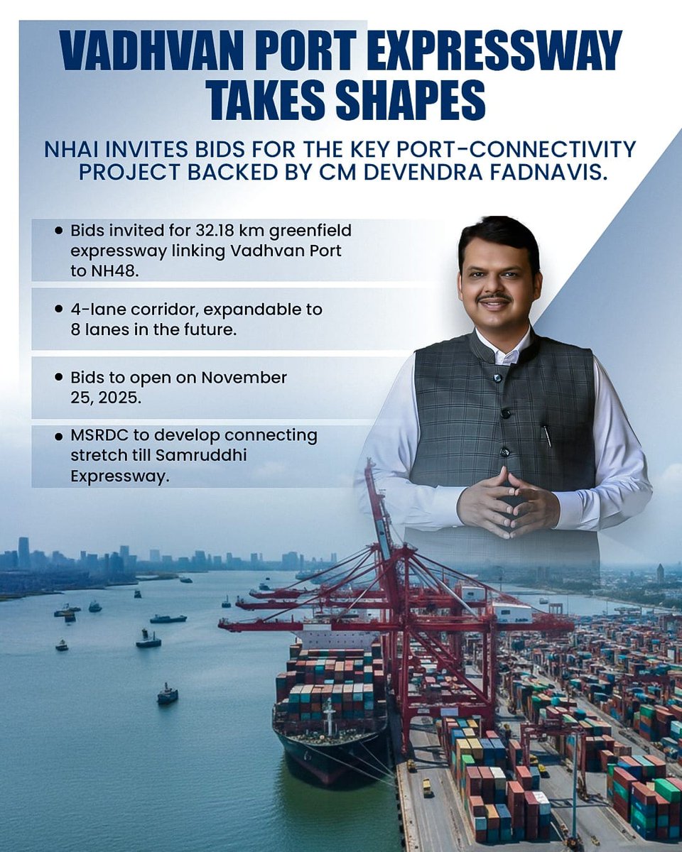समृद्धि महामार्ग से अब वाढवण पोर्ट तक! 🌉
<a href="/Dev_Fadnavis/">Devendra Fadnavis</a> जी का विज़न महाराष्ट्र को वैश्विक स्तर पर जोड़ रहा है। 💪