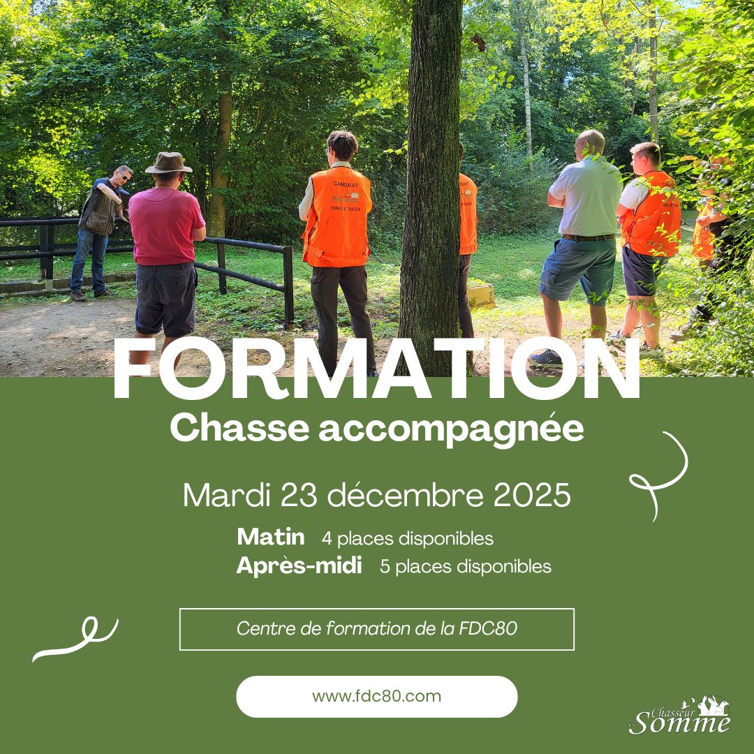 [ FORMATION ] 👫
𝐂𝐡𝐚𝐬𝐬𝐞 𝐚𝐜𝐜𝐨𝐦𝐩𝐚𝐠𝐧𝐞́𝐞 

🎄Profitez des #vacances de Noël pour vous #inscrire à la #formation chasse accompagnée. 

📅👉 𝗠𝗮𝗿𝗱𝗶 𝟮𝟯 𝗱𝗲́𝗰𝗲𝗺𝗯𝗿𝗲 𝟮𝟬𝟮𝟱
Matin : 4 places disponibles
Après-midi : 5 places disponibles 

ℹ️ 03 22 22 12 20