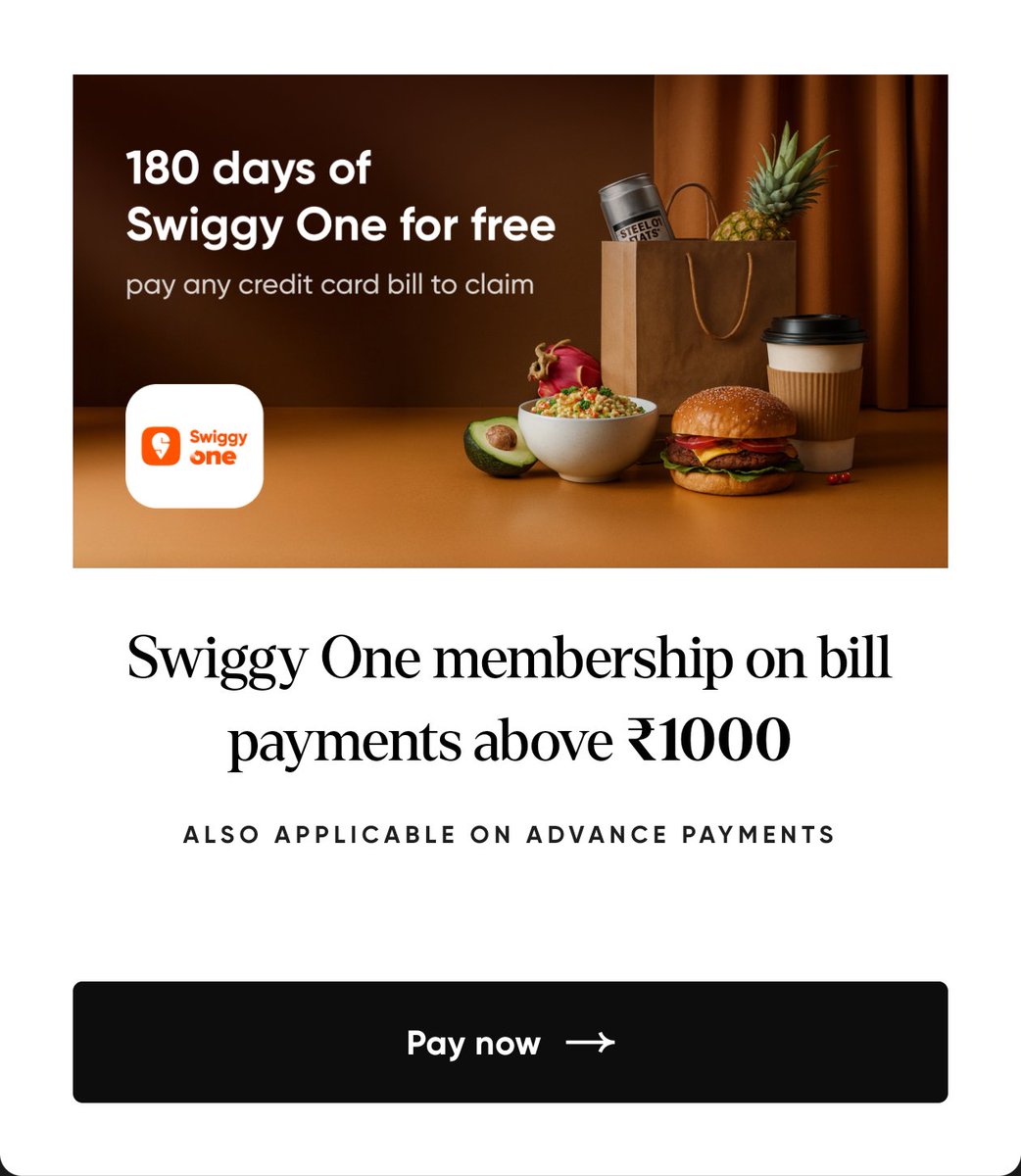 CardsavvyIndia's tweet image. CRED x SWIGGY  this time

6 months of Swiggy one membership on bill payment of ₹1000 

It is also applicable on advance payments 

#Swiggy #cred #ccgeek #ccgeeks