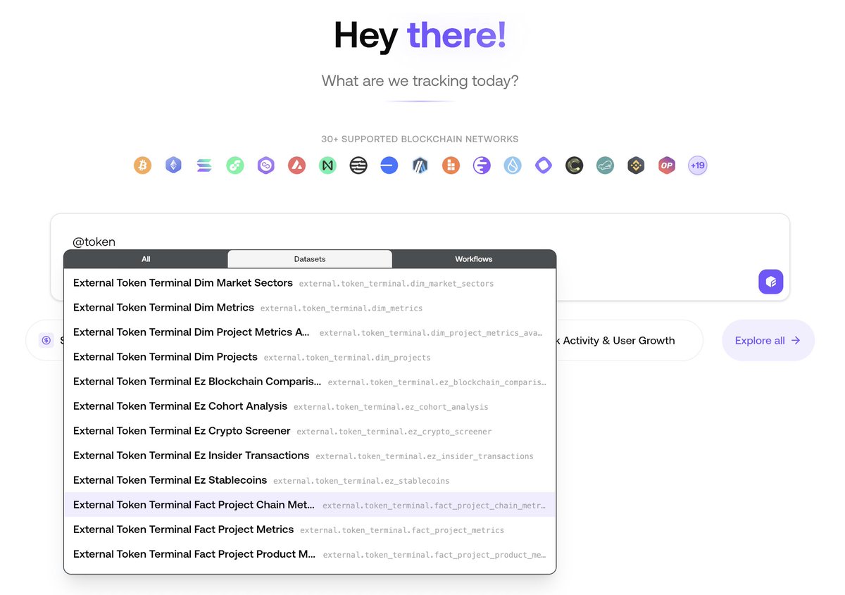 @token と入力すると Token Terminal のデータセットが瞬時に利用可能になり、30以上のブロックチェーンネットワークをサポートする Flipside AI インターフェイス