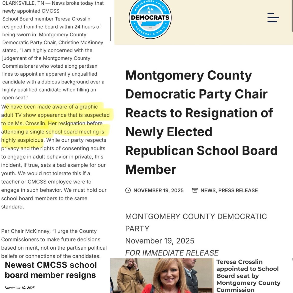 YIKES— MONTGOMERY COUNTY DEMS (Clarksville): “We’ve been made aware of a graphic adult TV show appearance suspected to be Ms. Crosslin. Her resignation before 1 school board meeting is highly suspicious.”

The Republican appointee resigned after 8 days: facebook.com/share/p/17uz7N…