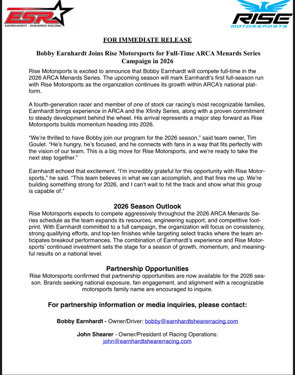 🚨Announcement‼️
I’m excited and truly humbled to share that I’ll be racing full-time with <a href="/risemotorsports/">Rise Motorsports</a> in the 2026 <a href="/ARCA_Racing/">ARCA Menards Series</a> Series. This is a huge opportunity for me, and I’m thankful for God’s direction throughout the process of making this happen.

I want to give a big