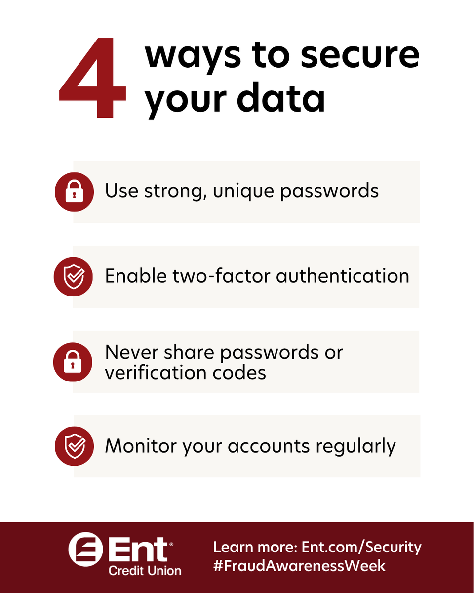 Protect your data in 4 easy steps 🔒

1️⃣ Strong, unique passwords
2️⃣ Enable 2FA
3️⃣ Monitor your accounts
4️⃣ Never share codes 

Small steps = big protection! 

#FraudAwarenessWeek