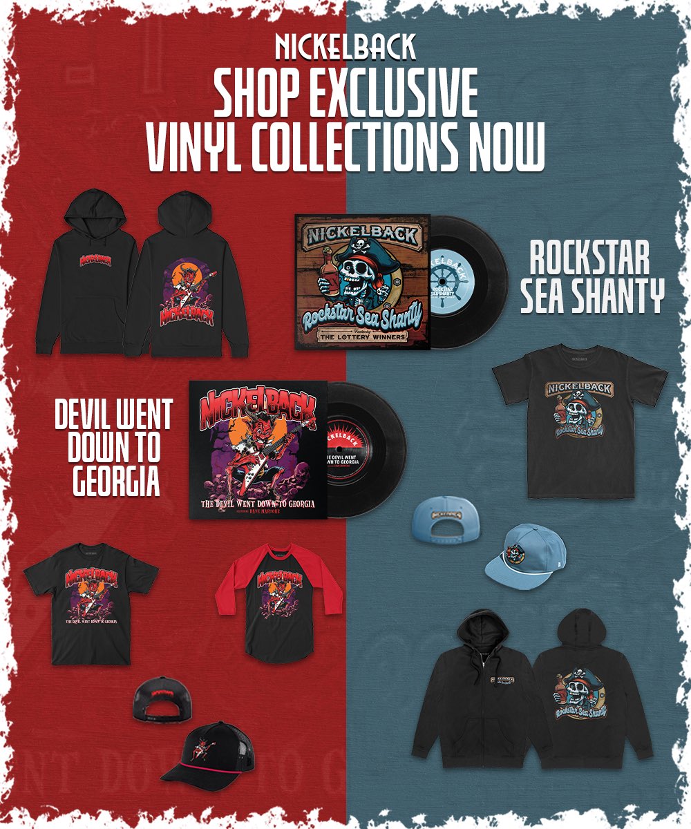 Nickelback's tweet photo. Two new Nickelback 7" vinyl collections: one for those of you who make deals with the devil, and another for those of you who shouldn't be trusted near a boat. 🏴‍☠️🎸

https://t.co/slql1pPchX https://t.co/rtKo3qQGpI