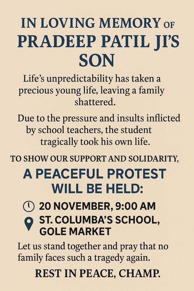 indiantweeter's tweet photo. A posh delhi school’s student has committed suicide because of his teachers torturing him for 5-6 months. This should be a prime time story.

School name : St Columbus school, Gole Market. 

He was son of a fellow jeweller, Tomorrow at 9 AM our industry is protesting at school’s gate. @ShivAroor @iamnarendranath @IamNaveenKapoor @BansuriSwaraj