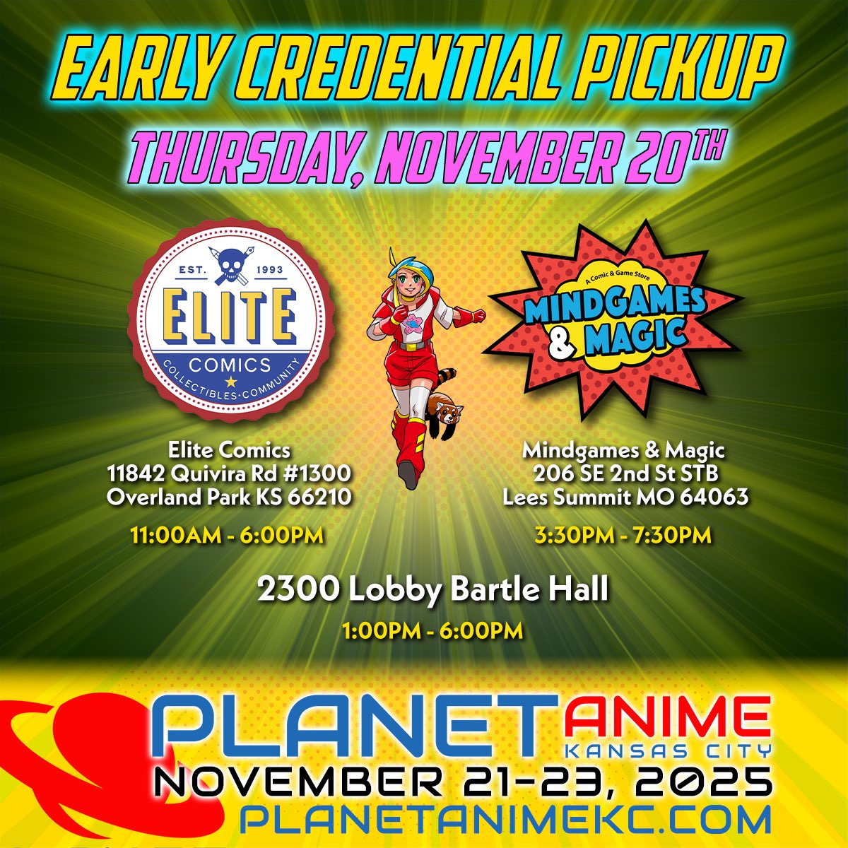 ⏰⏰Early credential pickup starts Thursday!⏰⏰

Thursday, November 20th, is early credential pickup! Bring your QR code and pickup your credentials at the following locations:

🌟Elite Comics: 11:00am-6:00pm
🌟Mindgames &amp; Magic: 3:30pm-7:30pm
🌟2300 Lobby Bartle Hall: 1-6pm