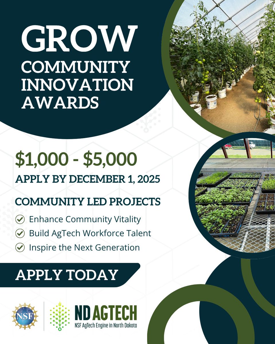 NDAgTechEngine's tweet image. There’s still time to bring your AgTech idea to life! 🌱 Our GROW Community Innovation Awards offer up to $5,000 to fund community-led projects that build AgTech workforce capacity across the state.

Applications due December 1. 📅 Apply here: ndstate.co1.qualtrics.com/jfe/form/SV_3f…