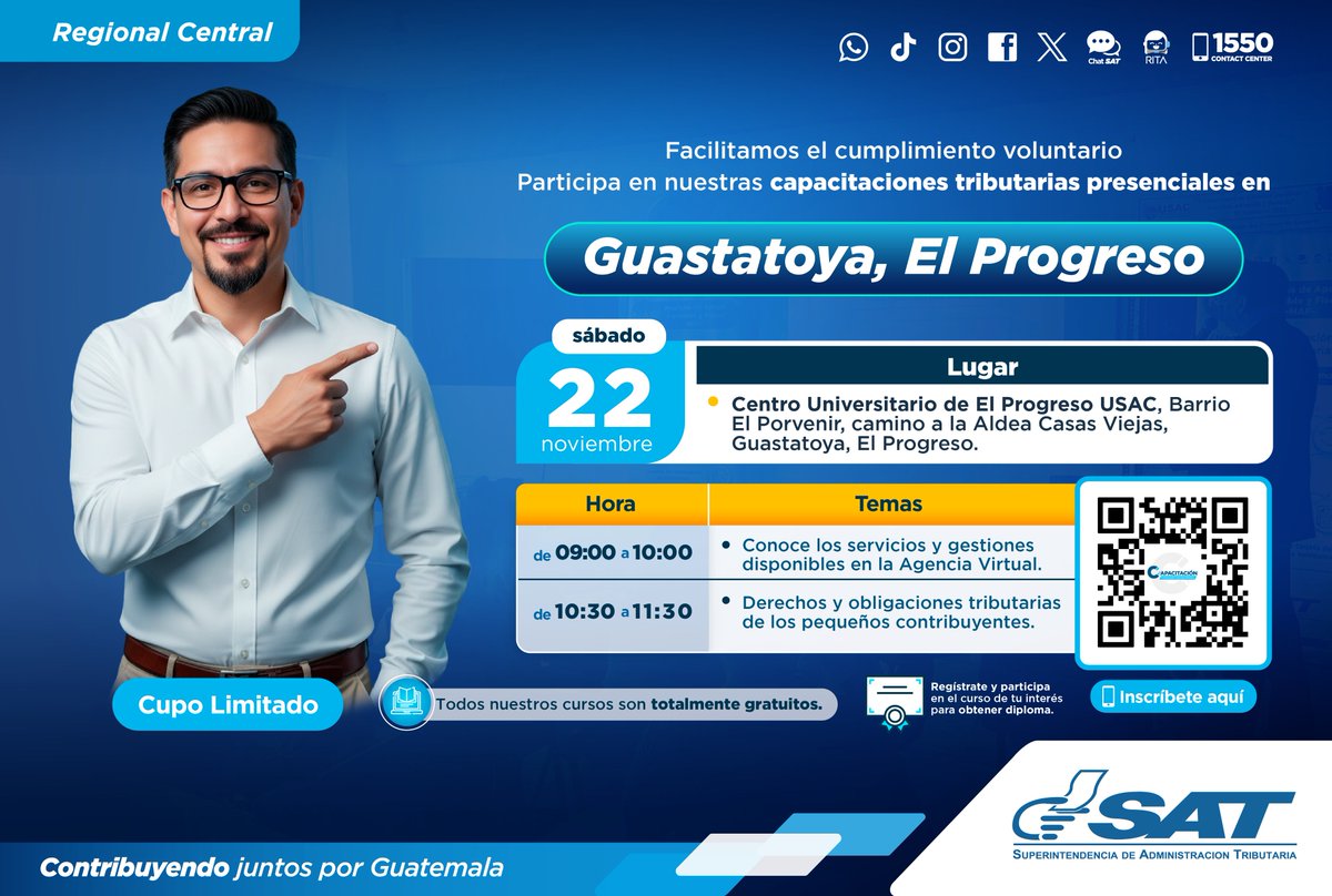 SATGT's tweet image. Este sábado 2️⃣2️⃣ de noviembre te esperamos en el Centro Universitario de #ElProgreso para conocer más sobre:

💻 Servicios y gestiones desde #AgenciaVirtual
🙋‍♀️ Derechos y obligaciones de pequeños contribuyentes

Inscríbete ➡️ qrco.de/bgSOjr

#CapacitacionesSAT para…