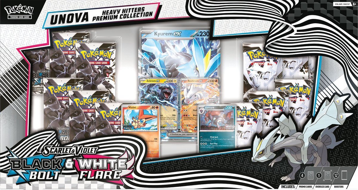 Unova Heavy Hitters Premium Collection Reveal! Includes 6 Black Bolt and  6 White Flare Booster Packs. Expected to be sold at Costco! We'll post when  it's available & update with more details