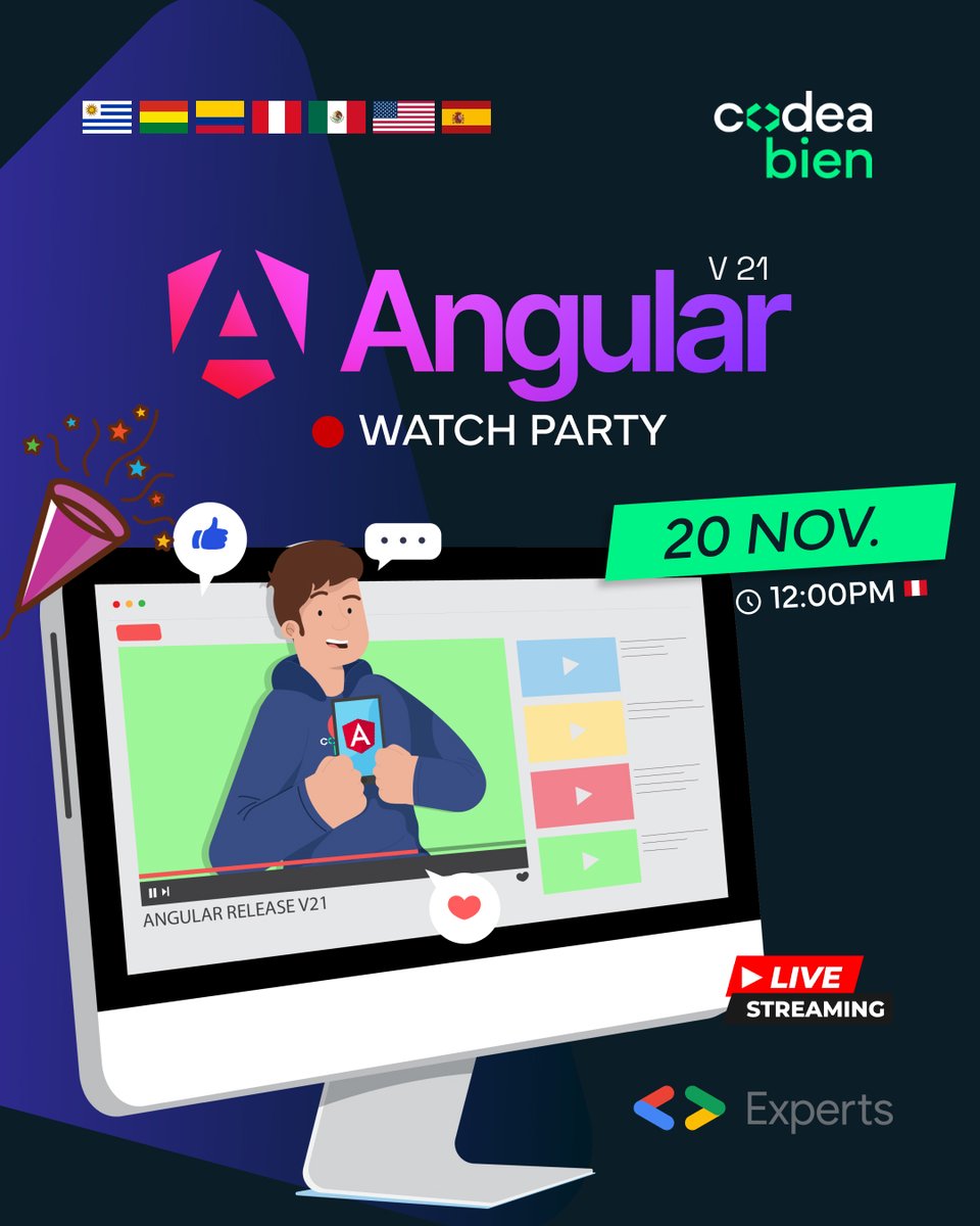 CodeaBien's tweet image. 🚀 Angular 21 ya está aquí
¡Veamos juntos cómo el desarrollo web pasa al siguiente nivel! 💻⚡
🔔 ¡Activa el recordatorio y no te pierdas nada!
youtube.com/watch?v=khTB-o…
#watchparty #angular #developers
