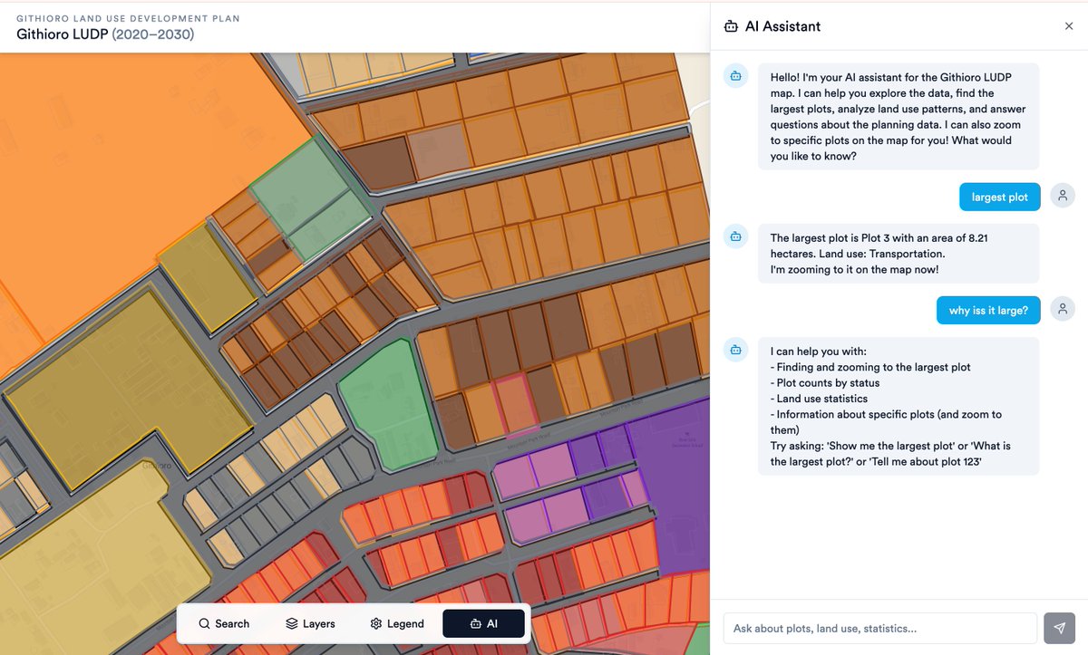 chepparing's tweet image. Cheers to GIS and men&apos;s day. we built an AI assistant to help you query and interact with your GIS dataset.

DM if interested in improving our AI Geo  assistant.

Tools:
@LeafletJS + @Supabase with enabled @PostGIS ext.