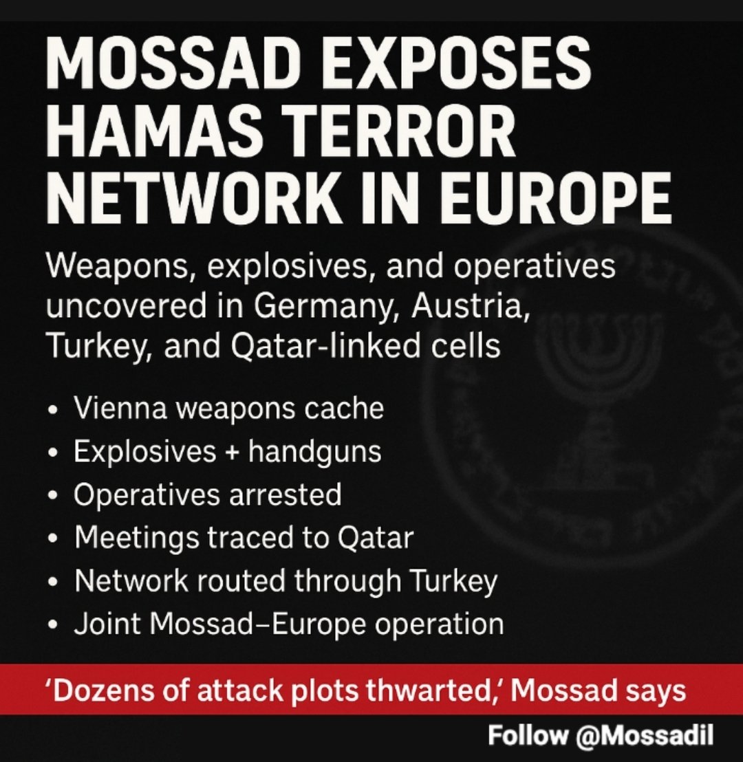 🚨 BREAKING — MOSSAD UNCOVERS HAMAS TERROR NETWORK OPERATING ACROSS EUROPE

In a joint operation with European intelligence agencies, the Mossad helped expose and dismantle a Hamas terror network operating in Germany, Austria, and other European countries — with weapons caches,
