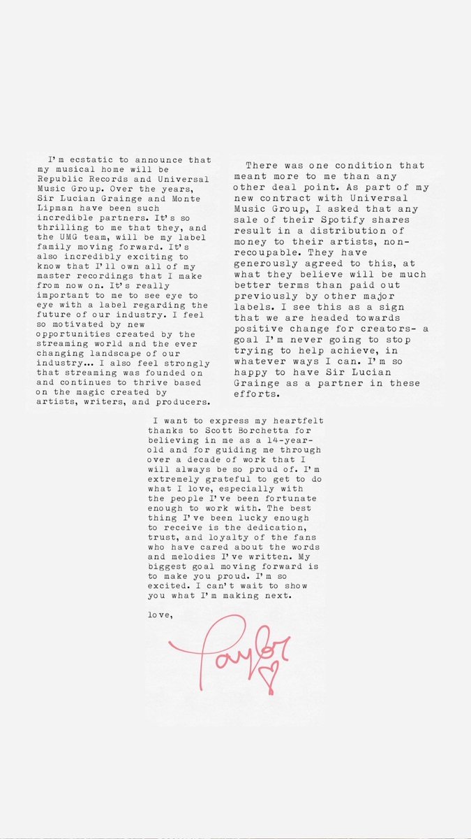 TheSwiftSociety's tweet image. Throw🔙 | 7 years ago today, Taylor Swift announced she’d signed a record deal with Republic Records.

Since then she has released Lover, Folklore, Evermore, Midnights, TTPD, TLOAS, 4 re-recordings, and gained ownership of all of her music catalogue!