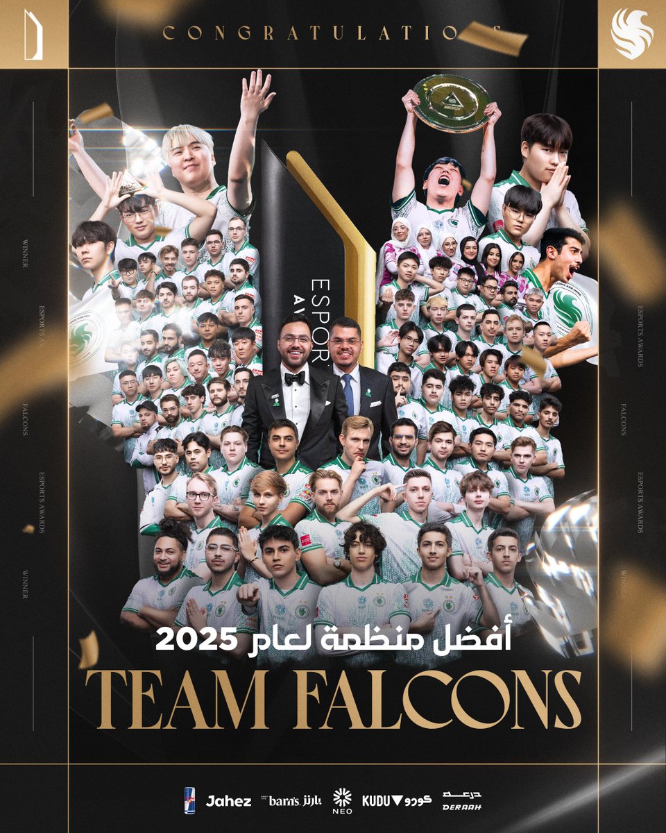 TeamFalconsGG's tweet image. WE MADE HISTORY 🏆  — FALCONS STAND ABOVE THE WORLD AS THE FIRST-EVER BACK-TO-BACK ESPORTS ORG OF THE YEAR

للمرة الثانية على التوالي.. 
فالكونز يتوَّج كأفضل منظمة في العام!! 🦅

إنجاز يُكتب لأول مرة في تاريخ الجائزة 💚🏆

#FalconsAreHere - #EsportsAwards2025
