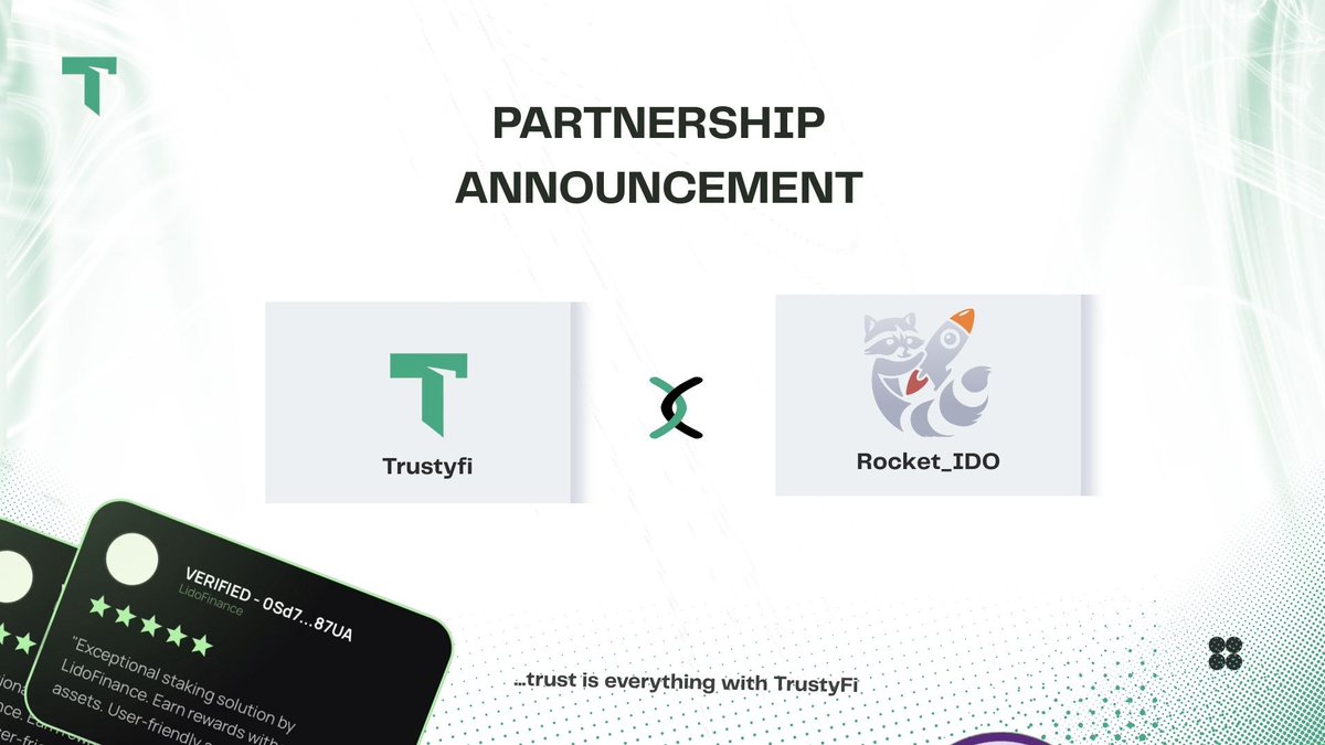 trusty_fi's tweet photo. We’re excited to announce our partnership with @Rocket_IDO , a next-generation Web3 launchpad built to fuel high-quality blockchain projects — from fundraising to ecosystem growth. 🚀🤝

Rocket provides a fair, secure, and scalable IDO infrastructure for emerging ventures across DeFi, GameFi, SocialFi, and AI, empowering early-stage projects to launch and grow with confidence.

Through this partnership, TrustyFi will enhance Rocket’s ecosystem with verified on-chain reviews — helping investors and founders engage in a transparent and trust-driven launch experience.

Together, we’re igniting the future of trustworthy project launches in Web3. ⚡️