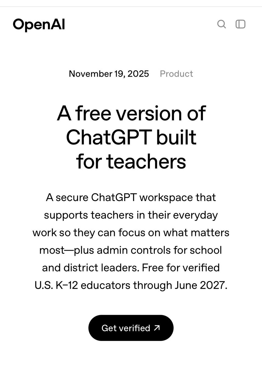 I know many teachers paying $20 a month for the service already. Built-in protections, data not used to train models by default , FERPA compliance. Can also be managed by district and administration. 

I feel like this is in response to the gains with Google AI for education.