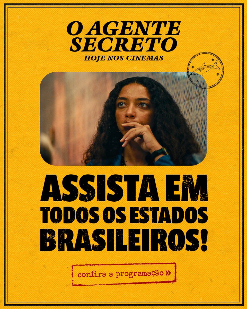 Nesse feriadão, você poderá (re)ver O AGENTE SECRETO em todos os estados do Brasil e mais de 500 cinemas 🦵🏼♥️. 

DIVULGUE 🗣️!

(Veja cidades abaixo) 👇🏼
