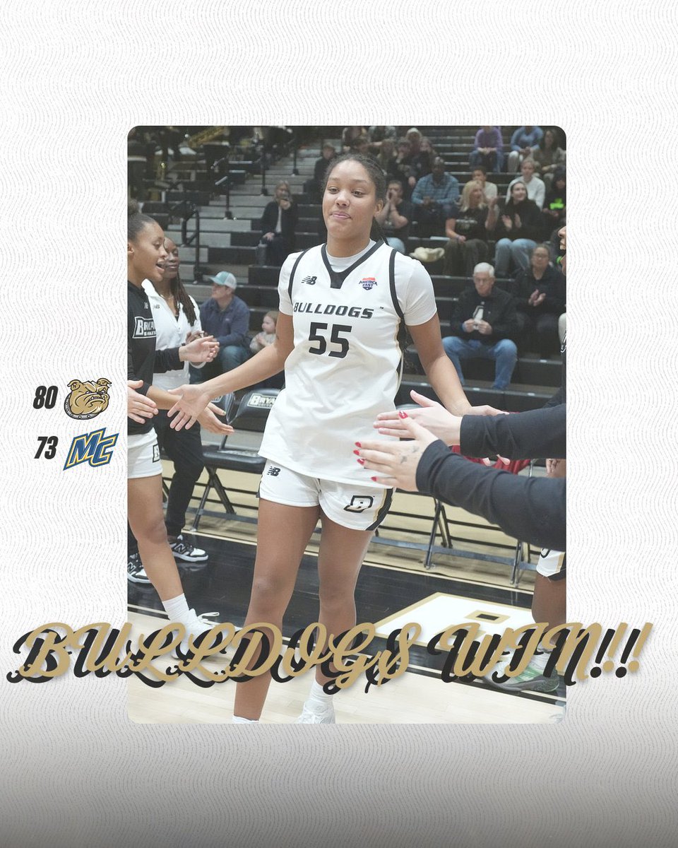Bryantwbball's tweet photo. BULLDOGS WIN!!

Nia Scott records a career-high 25 points and 18 rebounds for a double-double as the Bulldogs are off to a 5-0 start with a road win against Merrimack! https://t.co/9w3YOlGccP
