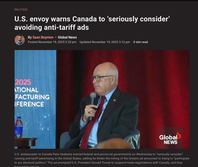 The US Ambassador couldn't say more stupid things if he tried.   

Trump 100% interfered in our Canadian election.   

Ontario just played Reagan's words right back at them.   

Hoekstra needs to be expelled. <a href="/petehoekstra/">Pete Hoekstra</a> <a href="/USAmbCanada/">Ambassador Pete Hoekstra</a>

globalnews.ca/news/11533333/…
