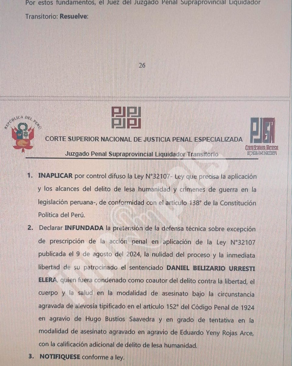 #AYACUCHO Aquí  un fragmento de la resolución que declara inaplicable la Ley 32107 y rechaza el pedido de libertad de Daniel Urresti en el caso del periodista Hugo Bustíos. El juez confirma la condena vigente hasta el 2033.