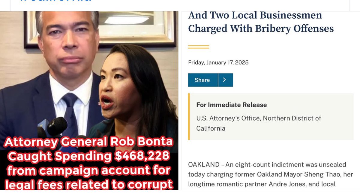 KEEP POSTING THIS 
MUST HIT NATIONWIDE 
California Attorney General Rob Bonta, a Corrupt Former Mayor, a Rich Donor, and $500,000 in Campaign Cash

According to a breaking story by KCRA, <a href="/ZavalaA/">Ashley Zavala</a> California Attorney General Rob Bonta spent nearly half a million dollars on legal