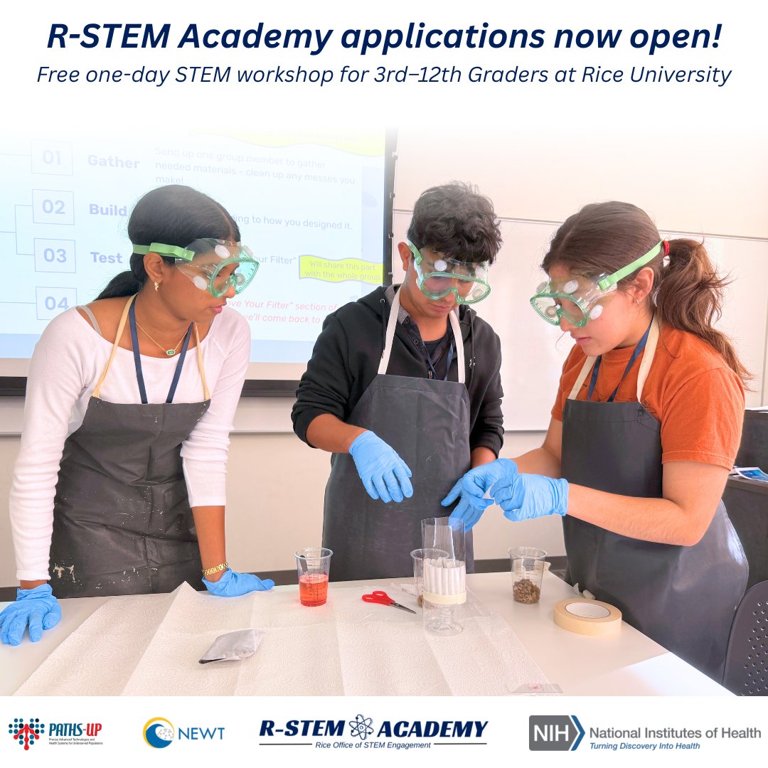 RiceU_STEM's tweet image. 🚀Applications are now open for the 2026 R-STEM Academy; a hands-on #STEM workshops designed by expert teachers and inspired by real research happening at Rice University. From #nanotechnology to #environmental science, #engineering, and more—there’s something for every young…