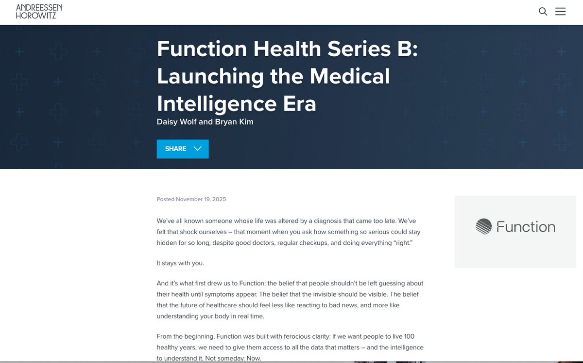 kirbyman01's tweet image. 🚨 Function Health Raises $298M Series B at $2.5B!

Most of us have known someone who finds out about a serious illness only once it’s too late.

I’ve felt that loss too. A former colleague and friend passed away a few years ago from undiagnosed stage 4 stomach cancer, even after…