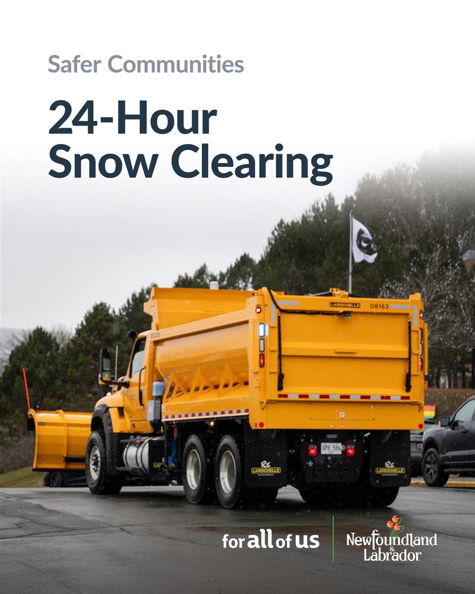 GovNL's tweet image. To help keep people safe on our roads, #GovNL is bringing back 24 hour snow clearing to the busiest roads in Newfoundland and Labrador.
 
Once staff is hired, snowplows will work around the clock from December to March. 
 
As winter weather approaches, drivers are reminded to…