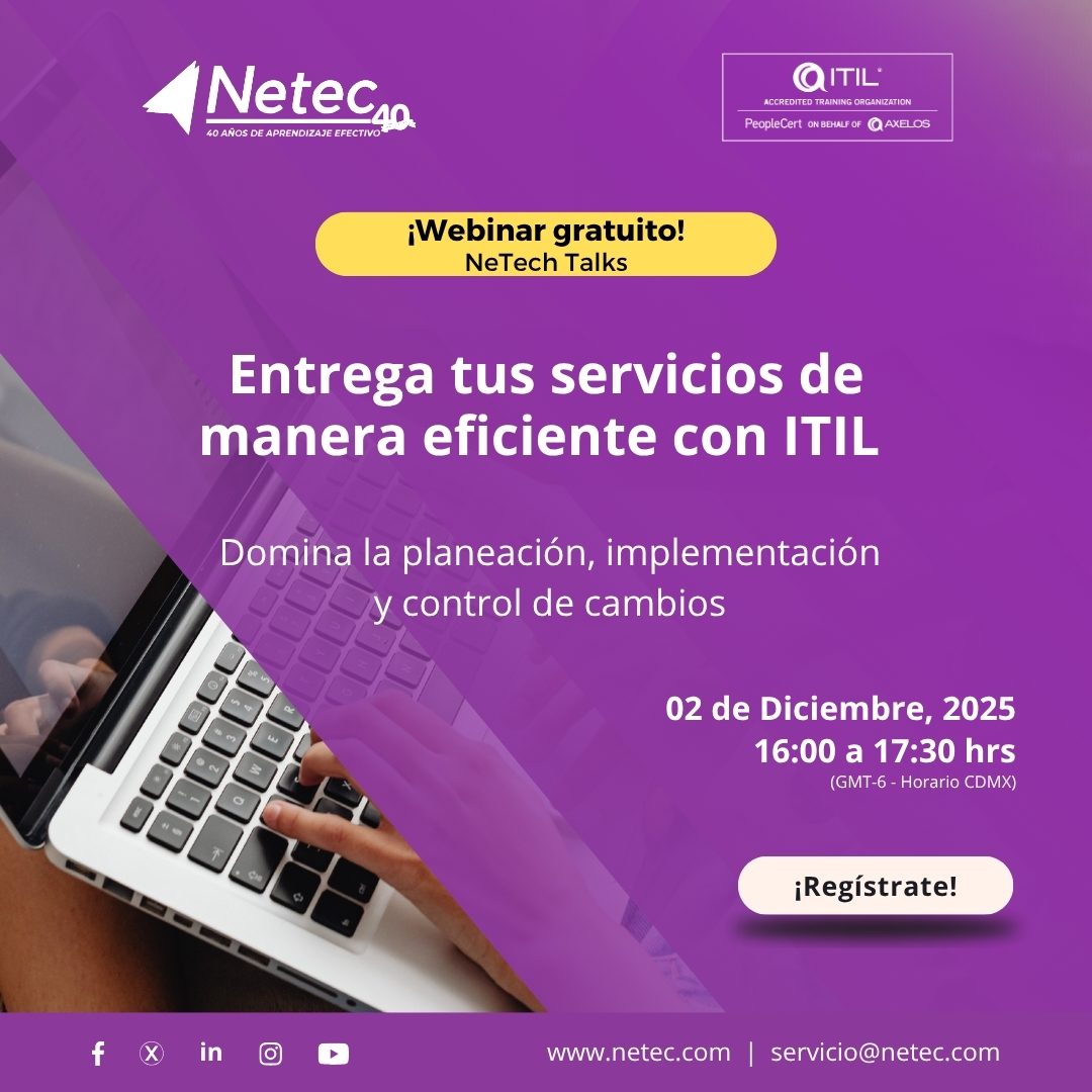 netec's tweet image. #WebinarGratuito | Entrega tus servicios de manera eficiente con #ITIL: Planeación, Implementación y Control de cambios 🚀

Regístrate 👉🏻 hubs.la/Q03V8tg90

🗓️ 2 de diciembre, 2025
⏰ 16:00 a 17:30 hrs (GMT-6 | Hora CDMX)

#NeTechTalks #NetecConecta #Netec
