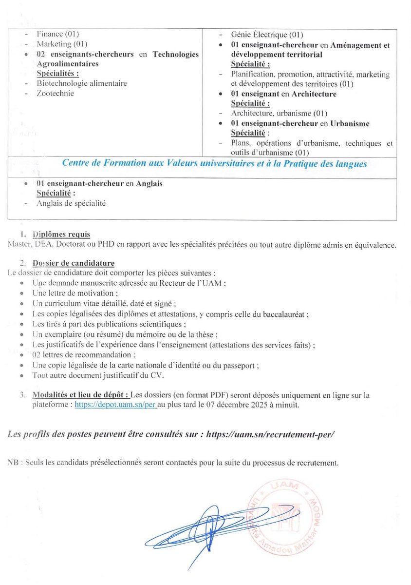 Recrutement d’Enseignants-Chercheurs à l’Université Amadou Mahtar MBOW (UAM)

#MESRI #RecrutementUAM #EnseignantsChercheurs #UniversitéAmadouMahtarMBOW #UFRSEG #UFRSTA #UFRTECNA #EcolePolytechDiamniadio #CarrièreAcadémique