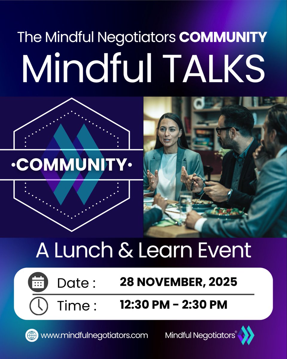 MINDFUL TALKS – Speak‑Easy Sessions
A Lunch &amp; Learn Event designed by Mindful Negotiators.
Join us for this Speak‑Easy Session,  where emotional &amp; mental health, and everyday conflicts, big or small, are explored openly, yet anonymously, if you wish. Join:
mindfulnegotiators.com/community