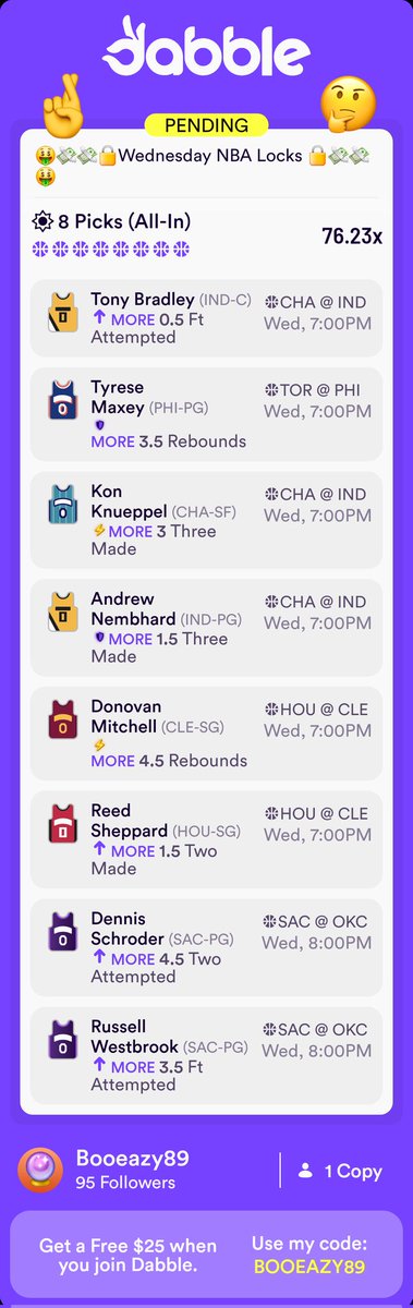 BooEasy's tweet image. Sharing is caring so here's an entry I placed on Dabble that you can copy!👌🥰💥🤞
click.dabble.com/ugiS/ejlklfun
#NBA #Cavs #hornets #rockets #76ers #Pacers #NBAtv #bet #espn #Picks #parley
#LOCKS @NBATV @espn @DabbleFantasy