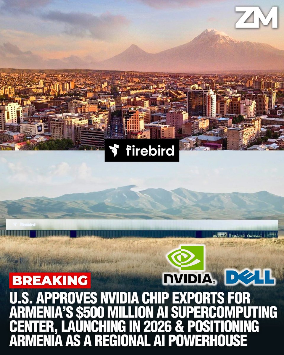 ZartonkMedia's tweet photo. BREAKING: U.S. Approves NVIDIA Chip Exports for Armenia’s $500 Million AI Supercomputing Center, Launching in 2026 & Positioning Armenia as a Regional AI Powerhouse
➖➖➖
Armenia has taken a historic step toward becoming a regional AI powerhouse after the United States issued Firebird an export license for Nvidia’s highest-end AI chips for Armenia’s first large-scale, $500 million AI supercomputing data center. The approval establishes Armenia as the host of the South Caucasus’s first major AI supercomputing facility.

In an exclusive conversation with Zartonk Media, Firebird co-founders Razmig Hovaghimian and Alexander Yesayan revealed that the $500 million deployment is only phase one of a multi billion dollar U.S–Armenia technology initiative. The supercomputing center, which will ultimately scale to 100 megawatts across both phases, will run on Nvidia Blackwell GPUs and Dell high-performance AI servers. Phase one is scheduled to go live in the second quarter of 2026.

Firebird confirmed that it has already secured hundreds of millions of dollars in contracted AI off-take, primarily from U.S. customers building foundational AI models, conducting robotics research, advancing life sciences, and performing high-end scientific computation. The project brings Armenia into the global AI supply chain at a level comparable to advanced Western data centers.

This authorization follows the August U.S–Armenia Memorandum of Understanding on AI and semiconductor cooperation, marking a deeper strategic alignment around secure, U.S-standard AI infrastructure.

Firebird’s U.S. Vision and Global Strategy (Exclusive)
In comments shared exclusively with Zartonk Media, Firebird CEO Razmig Hovaghimian outlined the company’s guiding mission: “As a U.S. company, our vision is to enable new AI capacity globally, powered by the highest-end U.S. technology stack. In a sense, we are helping decentralize the AI revolution for the benefit of all. We are starting with Armenia.”

Firebird’s expansion strategy centers on emerging markets with sustainable energy resources, including nuclear, hydro, and hybrid micro grids. Emerging markets represent nearly one third of global GDP and offer major opportunities for U.S. technology exports.

“By focusing on emerging markets, we are opening new markets for U.S. companies,” Hovaghimian told Zartonk Media. He added that Firebird is in advanced discussions with major U.S. universities to conduct AI, robotics, space, and scientific research in and with Armenia. Firebird will also build foundational AI models inside Armenia itself, with a focus on life sciences, robotics, and space.

Co-founder Alexander Yesayan emphasized Firebird’s strict compliance with U.S. security standards: “The United States is very strict on Nvidia chip regulation, and we at Firebird take this extremely seriously. We have built fully U.S compliant infrastructure with rigorous physical and cybersecurity standards to ensure we are fully aligned with U.S BIS rules. Our mission includes protecting U.S. technology and U.S. interests abroad.”

This marks the first public disclosure of Firebird’s U.S centered global strategy.

Project Details and Infrastructure
Announced publicly by NVIDIA in June at NVIDIA’s Paris GTC conference, the Firebird system will be one of the most advanced AI clusters in the broader region. Firebird and Dell Technologies confirmed that the system will run on Dell PowerEdge high performance AI servers paired with Nvidia Blackwell GPUs. Firebird also stated that this marks its first official step to expand operations in Armenia, beginning with a $500 million investment that forms part of a multi billion dollar mega-project.

Phase One Includes:
100 megawatts of AI infrastructure
Thousands of Nvidia Blackwell GPUs
Dell PowerEdge high performance AI servers
Deployment beginning now
Online in Q2 2026
Focus on foundational AI models, life sciences, robotics, and space research
The largest technology infrastructure investment in Armenia’s history

Once operational, the center will deliver computing power comparable to leading Western data centers.

Firebird is evaluating multiple locations in Armenia with sustainable energy resources, including nuclear, hydro, and solar capacity. The first phase will be funded through debt and equity raised by Firebird. Hovaghimian declined to name additional investors or say whether Nvidia will put money into the startup.

Newly Reinstated Capacity Allocation
Firebird confirmed that 20 percent of total compute capacity will be reserved for Armenian companies, while 80 percent will be allocated to U.S based firms and global AI developers operating in the region. This structure directly integrates Armenia into U.S anchored AI supply chains while ensuring local access.

Regulatory Approvals and U.S. Standards
Bloomberg first reported that U.S approval for the project comes amid a broader easing of export rules for advanced AI chips, opening new pathways for select markets to access high end processors. Firebird is part of a growing ecosystem of Nvidia partners expanding AI infrastructure into new regions under updated U.S guidelines.

Bloomberg also noted that Armenia had previously been categorized as a second tier country under Washington’s AI diffusion rule, which restricted access to advanced processors. Those limitations were rolled back under revised export standards, enabling Firebird’s authorization.

Firebird is already in discussions with the U.S Department of Commerce’s Bureau of Industry and Security for additional emerging market deployments. According to Bloomberg, Firebird expects to maintain the same strict U.S security and export-control standards in all future markets.

Hovaghimian said: “The BIS regulations are very strict, in terms of the physical security, the cybersecurity. But now that we have figured that out, we are going to be able to keep it at that standard for other markets.”

Yesayan stressed that the company’s infrastructure is engineered to exceed compliance obligations and protect U.S technology abroad.

U.S.–Armenia Strategic Partnership
The export license and investment were made possible through close coordination between:
The Government of Armenia
The Ministry of Foreign Affairs of Armenia
The Administration of U.S. President Donald Trump
U.S. Secretary of Commerce Howard Lutnick
The Ministry of High-Tech Industry of Armenia
The U.S. Embassy in Armenia
The U.S. Department of State
The Bureau of Industry and Security
Enterprise Armenia

This follows the August 8 U.S–Armenia Memorandum of Understanding on AI and Semiconductor Cooperation. The Firebird project is widely viewed as a model for secure, trusted U.S–Armenia public-private collaboration.

Firebird stated that this investment marks “a foundational step in Armenia’s digital and AI future.”

Yesayan added that the initiative is “laying the groundwork for a modern digital and AI ecosystem in Armenia, one that can elevate local talent and attract global innovation,” and reflects “a strong U.S–Armenia public-private partnership built on mutual trust and technological progress.”

Firebird also emphasized that the project “reflects the shared commitment of both nations to advancing innovation, strengthening economic resilience, and promoting responsible technological growth.”

Armenia’s Broader Tech Ambitions
The Firebird project represents a major leap forward for Armenia, which has spent years building a foundation for advanced technology through incentives, startup initiatives, and diaspora supported programs.

With Firebird’s high performance supercomputing center, Armenia moves closer to becoming a strategic node in the global AI ecosystem. The project expands scientific capacity, boosts competitiveness, and positions Armenia as a trusted participant in U.S standard high performance computing.

Nvidia founder and CEO Jensen Huang underscored the broader vision: “AI factories are the infrastructure of the 21st century. Our collaboration with Armenia will help build foundational AI capacity and unlock new opportunities for innovation and economic growth across the region.”

Hovaghimian added: “This is about building a launchpad for innovation, from Armenia to the world.”

About Firebird
Firebird is a San Francisco–based AI cloud company building the Caucasus’s first full-scale AI supercomputer, scheduled to launch in 2026 and powered by Nvidia Blackwell GPUs. The company delivers sustainable, high-performance U.S. AI infrastructure to fast-growing emerging markets and reinvests a portion of its revenue to build long-term local technology capacity.

Firebird was co-founded by Razmig Hovaghimian and Alexander Yesayan. Yesayan also serves as Co-Founder and Chairman of the Board of Team Group, the parent company of Telecom Armenia and Ireland’s Imagine Broadband, which will provide key infrastructure and connectivity support for the supercomputing project.

Noubar Afeyan has joined Firebird as a founding investor. Afeyan—Founder and CEO of Flagship Pioneering—will serve as a strategic advisor and founding partner, supporting long-term AI infrastructure development in Armenia and the broader region.

Firebird launched earlier this year and is already in discussions with several countries as part of its global expansion plan. Additional deployments will begin no sooner than 2027, after successful implementation of the Armenia project.

The company also announced that future Firebird locations will deliver sustainable, high performance U.S AI infrastructure to emerging markets worldwide, powered by the same U.S standard technology stack deployed in Armenia.