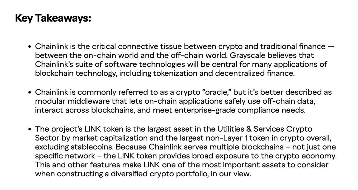 ChainLinkGod's tweet image. Incredibly bullish research report on $LINK just published by @Grayscale 👀

&quot;Chainlink’s broad and likely increasing adoption, the token’s straightforward approach to value accrual, and its distinct features compared to other large crypto assets make LINK a compelling addition…