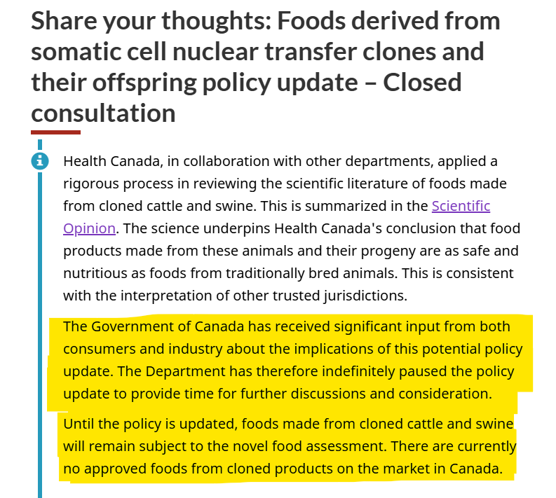 DanMazierMP's tweet photo. Health Canada has indefinitely paused their proposed policy update on foods derived from cloned cattle and swine.

The Liberals will have to explain why they failed to communicate this issue to Canadians. https://t.co/Bxe66N1pYP