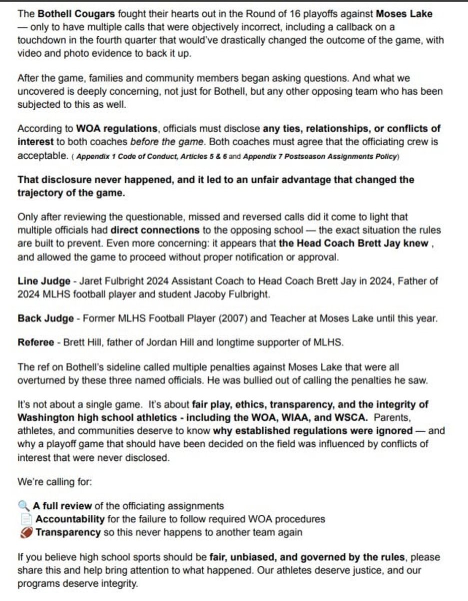 NFTFirefighter's tweet photo. @gbellseattle Did you hear about Moses Lake CHEATING against Bothell by using a former coach (MLHS 2024), a former teacher (MLHS 2024), AND a former players’ parent to referee against Bothell on Saturday WITHOUT declaring it to Bothell? They colluded to insure ML win. https://t.co/POAej22BAP