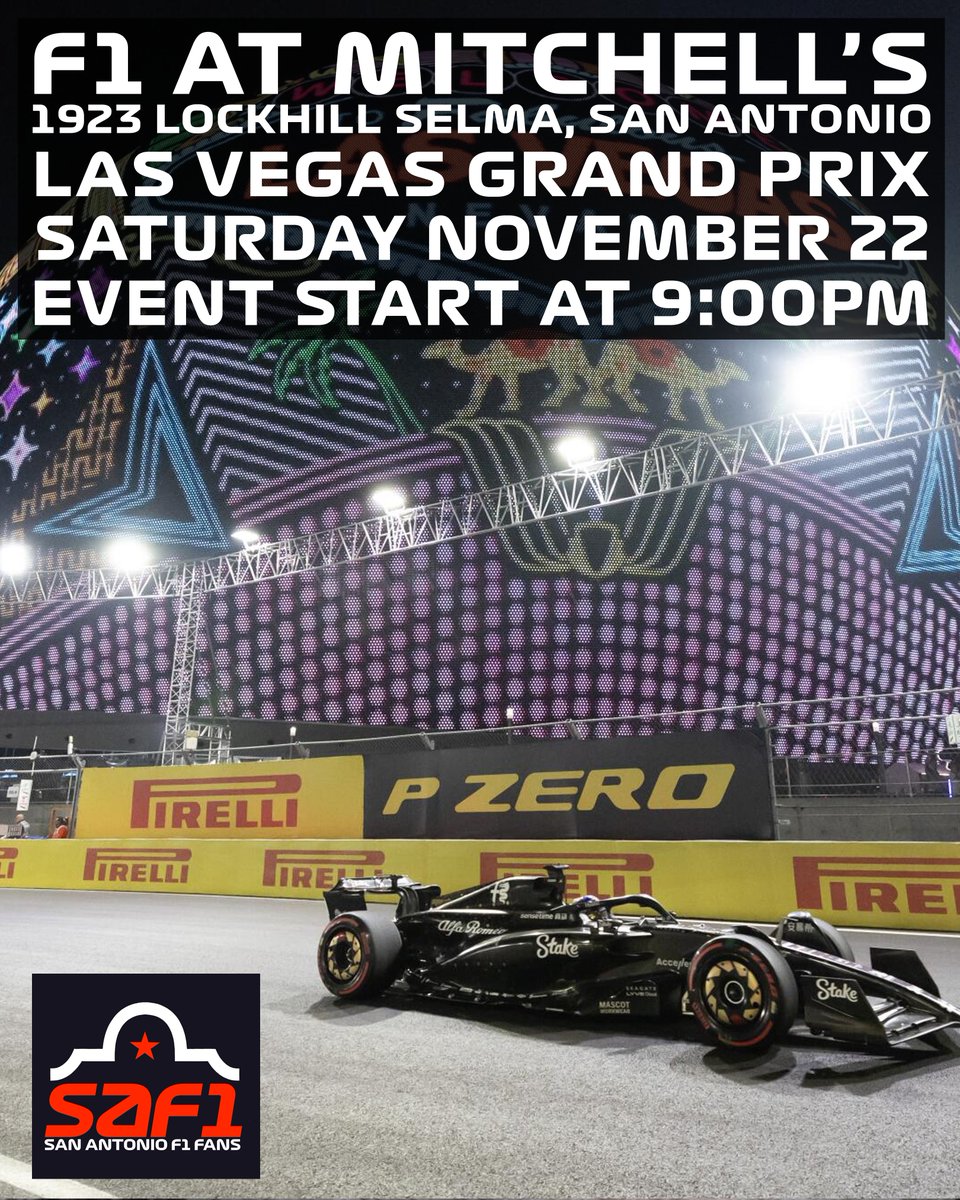 SAFormula1Fans's tweet photo. 🗓️ Saturday November 22 2025
🕣 9:00 PM CT
🏆 @F1 #LasVegasGP
🏟️ Las Vegas Street Circuit
🍻 Mitchell’s Sports Bar, 1923 Lockhill Selma, San Antonio, TX

#SAF1 #Formula1 #Texas #LasVegasGP https://t.co/KVae270Xrh