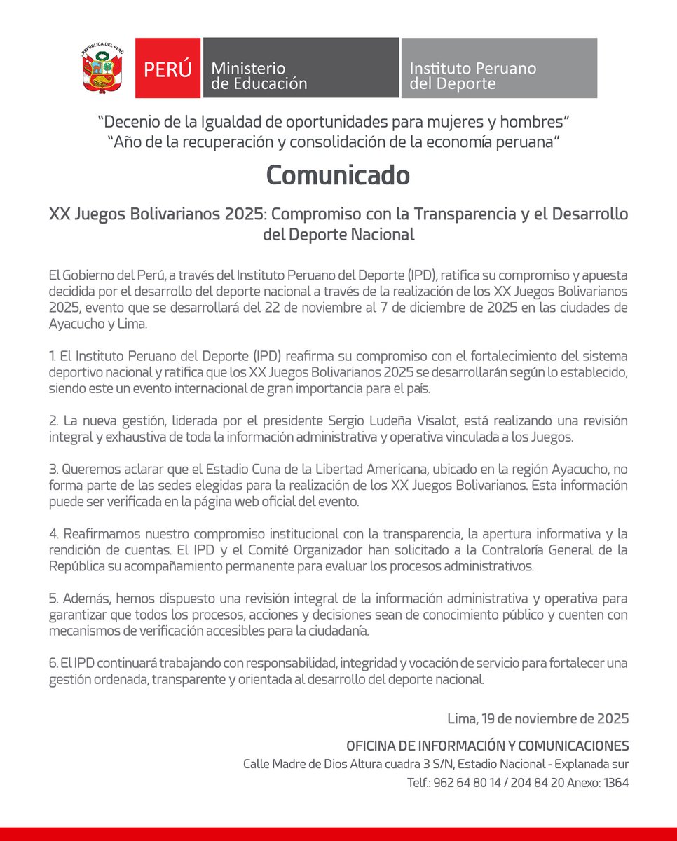 ipdperu's tweet image. 🗞️ Comunicado oficial sobre los XX Juegos Bolivarianos Ayacucho-Lima 2025.